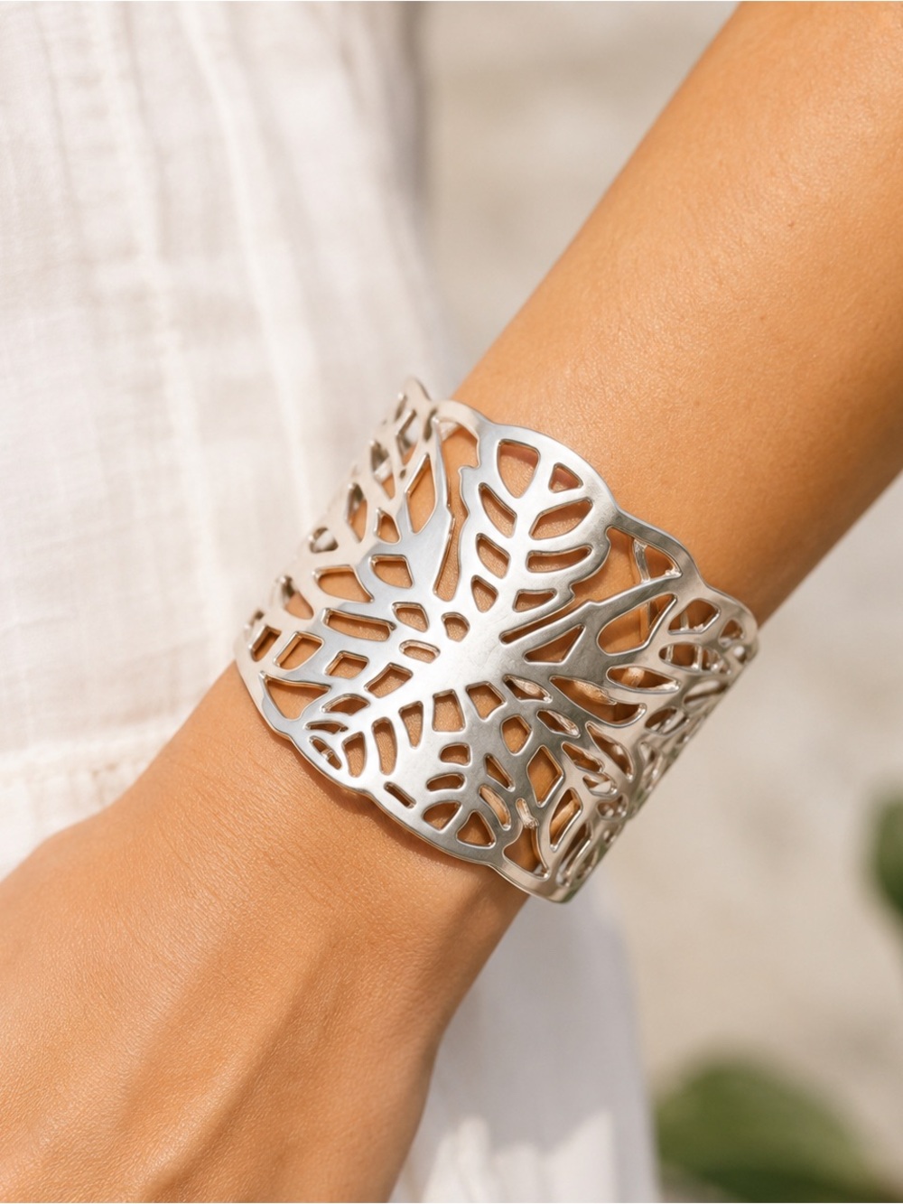 Bohemian Wide-cuff Silver-toned Bracelet with Filigree Details